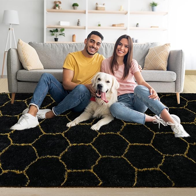 Fluffy 5x8 Area Rugs for Bedroom Living Room,Thick Shag Throw Floor Carpet,Soft Shaggy Bedside Non-Slip Rug Black Gold