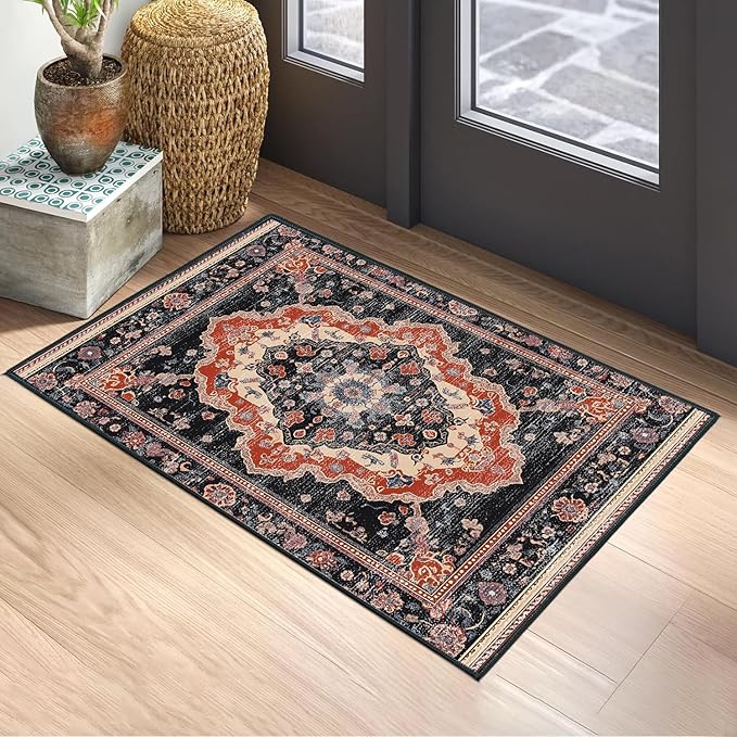 Area Rug 2x3 ft Rug Washable Boho Rugs Non Slip Low Pile Floral Small Carpet for Bedroom, Bedside, Kids Room, Office, Dining Room (Retro Colors, 2x3 ft)