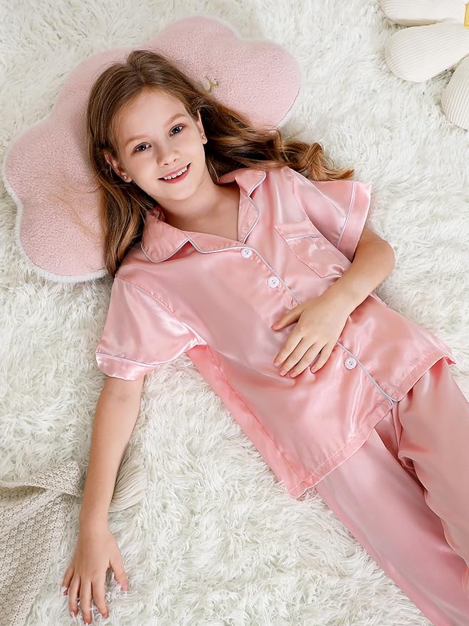 DIPUG 3 Piece Girls Silk Pajamas Set Soft Satin PJs Sleepwear for Comfortable Nights