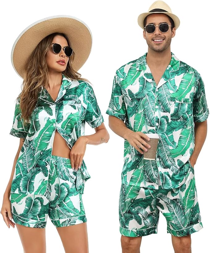 SWOMOG Satin Matching Pajamas Sets Couple Silk Button Down Nightwear Women & Men Short Sleeve Sleepwear 2 Pieces Loungewear