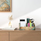 QIELIZI PU Leather Supply Organizer,Remote Control Holder Multifunctional Office Stationery Storage Box Organizer,Pencil Holders Organizers Table Top Desktop Desk Accessories(1-Vintage Map)