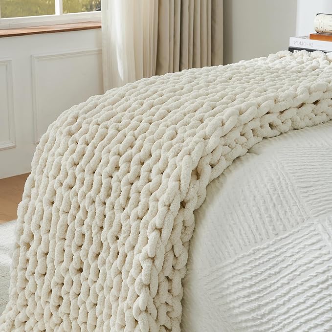 YAAPSU Chunky Knit Throw Blanket for Couch, 51"x63",100% Hand Knitted Thick Cable Knit with Cozy Jumbo Chenille Yarn, Soft Large Rope Knot Crochet Blankets for Sofa Bed Living Room Décor,Vintage White