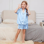 QPANCY Kids Satin Pajamas Sets Baby Boy Girl Button-Down Silk Sleepwear 2 Piece Short Sleeve Loungewear Clothes Set
