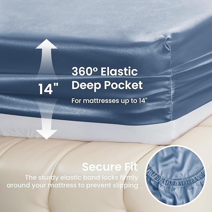 Love's cabin Satin Queen Sheets Set - 4 Piece Ash Blue Silky Bed Sheets Set with Deep Pocket, Luxury Silk Feel Satin Queen Size Sheet Set (1 Flat Sheet,1 Fitted Sheet,2 Pillow Cases)