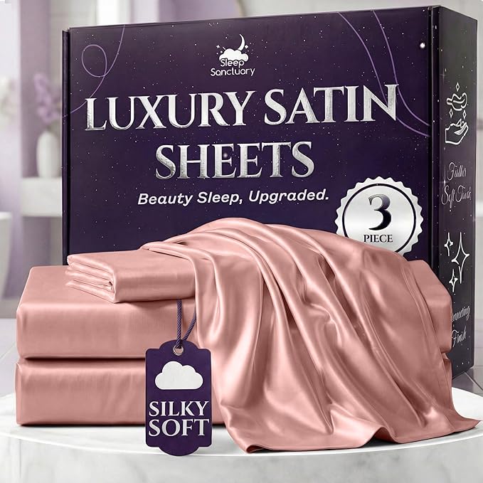SLEEP SANCTUARY Satin Sheets Twin Size – 3 Piece Luxury Silky Bed Set, Softer Than Silk, 15" Deep Pocket, Cooling & Wrinkle-Free, Moisture-Wicking & Breathable for Hair & Skin (Blush Pink)