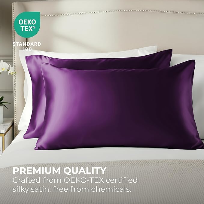 Pure Bedding Satin Pillowcase 2 Pack - King Size (20"x40", Purple) - Silky Pillow Cases for Hair and Skin - Satin Pillow Covers with Envelope Closure - Extra Soft Premium Microfiber