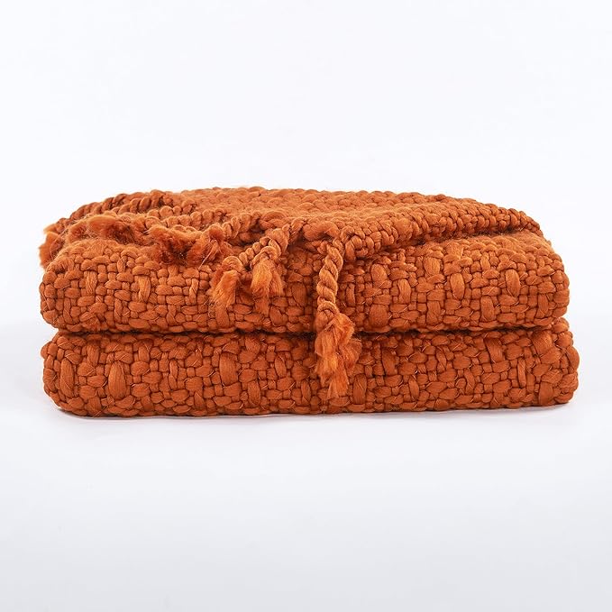 Home Soft Things Chunky Knit Basket Weave Throw Blanket 50"x60" - Boho Soft Microfiber with Braided Tassels - All Season Cozy Decorative Throw for Couch, Sofa, Bed, Indoor & Outdoor - Rust