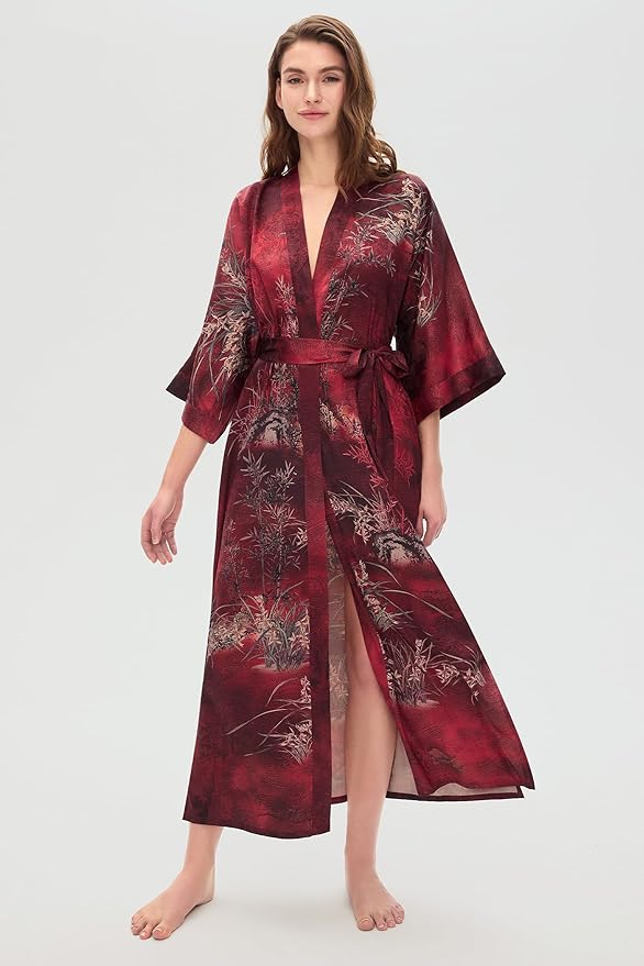 PRODESIGN Kimono Robes for Women - Long Silky Sleepwear Nightgown Bathrobe Floral Dressing Gowns Blouse Bride Bridesmaid Robe