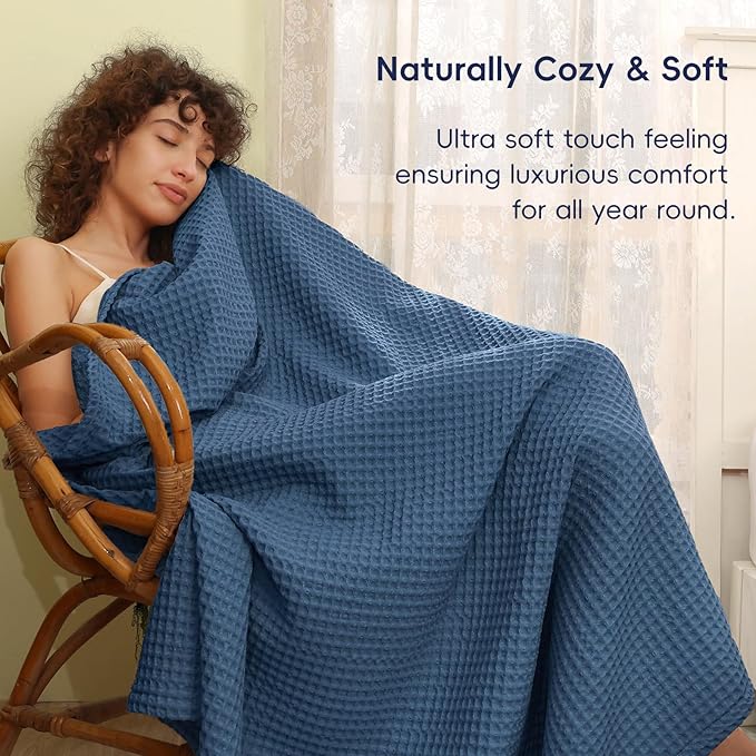 PHF Ultra Soft Waffle Weave Throw Blanket 50"x 60"- Washed Lightweight Breathablee Cozy Woven Blanket - Great for Couch Bed Sofa Home Car - Navy Blue