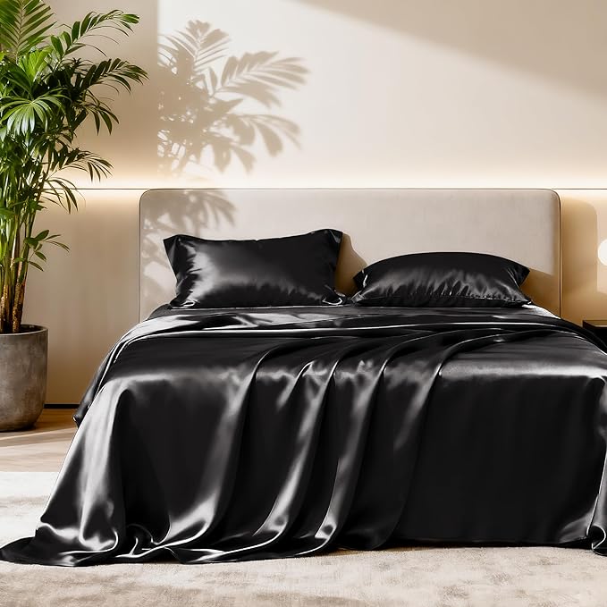 Love's cabin Twin XL Satin Sheet Sets - 3 Piece Black Silky Bed Sheets with Deep Pockets, Luxury Silk Feel Satin Sheet Set Twin XL (1 Flat Sheet,1 Fitted Sheet,1 Pillow case)