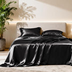 Love's cabin California King Satin Sheet Sets - 4 Piece Black Silky Sheets Bed Set with Deep Pocket, Luxury Silk Feel Satin Cal King Sheet Set (1 Flat Sheet,1 Fitted Sheet,2 Pillow Cases)