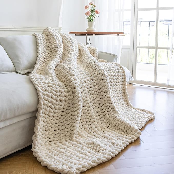 Chunky Knit Blanket - Luxury Soft Cozy 40 * 50 Throw Blanket,100% Woven Blanket Rope Knot Throw Blanket for Couch, Sofa, Home Decor, Gift - Machine Washable (Cream, 40 * 50)