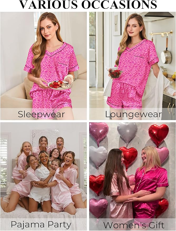 Silk Pajamas for Women Short Sleeve Satin 2 Piece Pj Set Soft V Neck Sleepwear Loungewear, S-XXL