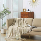 Cotton Muslin Throw Blanket with Tassels, Lightweight Woven Gauze, Pre-Washed Breathable Farmhouse Decor for Bed, Couch, All-Season Use (Beige, 50" x 60")