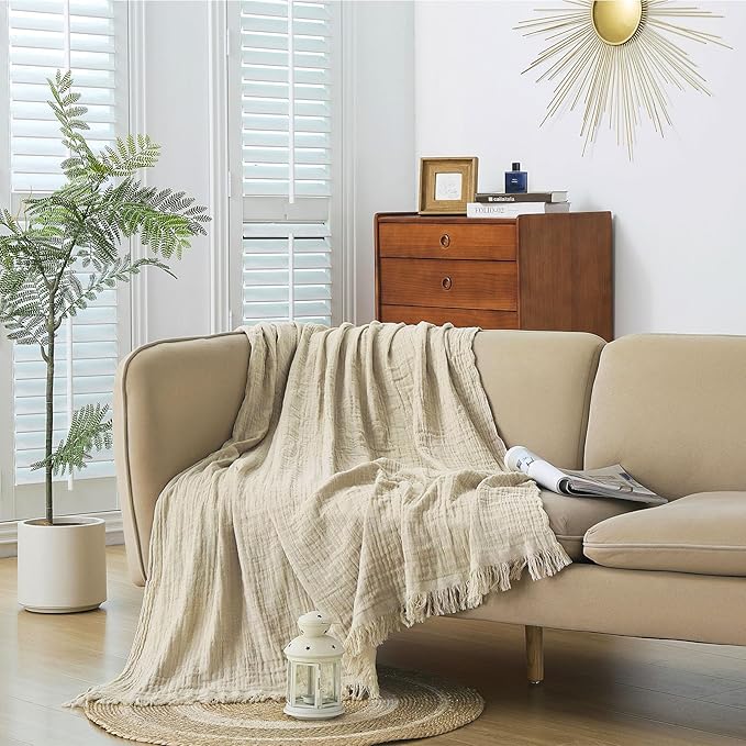 Cotton Muslin Throw Blanket with Tassels, Lightweight Woven Gauze, Pre-Washed Breathable Farmhouse Decor for Bed, Couch, All-Season Use (Beige, 50" x 60")
