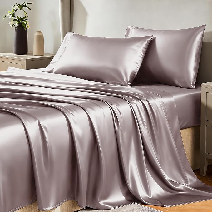 CozyLux Satin Sheets King Size Sheet Set - 4 Piece Silky King Sheets, Luxury Dusty Purple King Bed Set with Smooth and Soft Microfiber, Includes 1 Fitted Sheet, 1 Flat Sheet and 2 Pillowcases