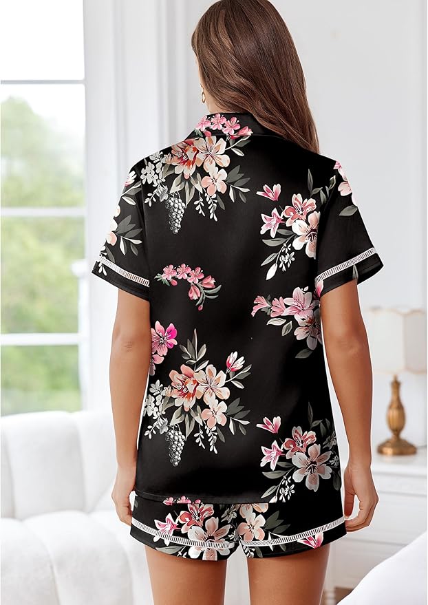 Ekouaer Womens Silk Pajama Sets Button Up Satin Pjs Short Sleeve 2 Piece Pj Sets Cute Lounge Sets with Chest Pocket