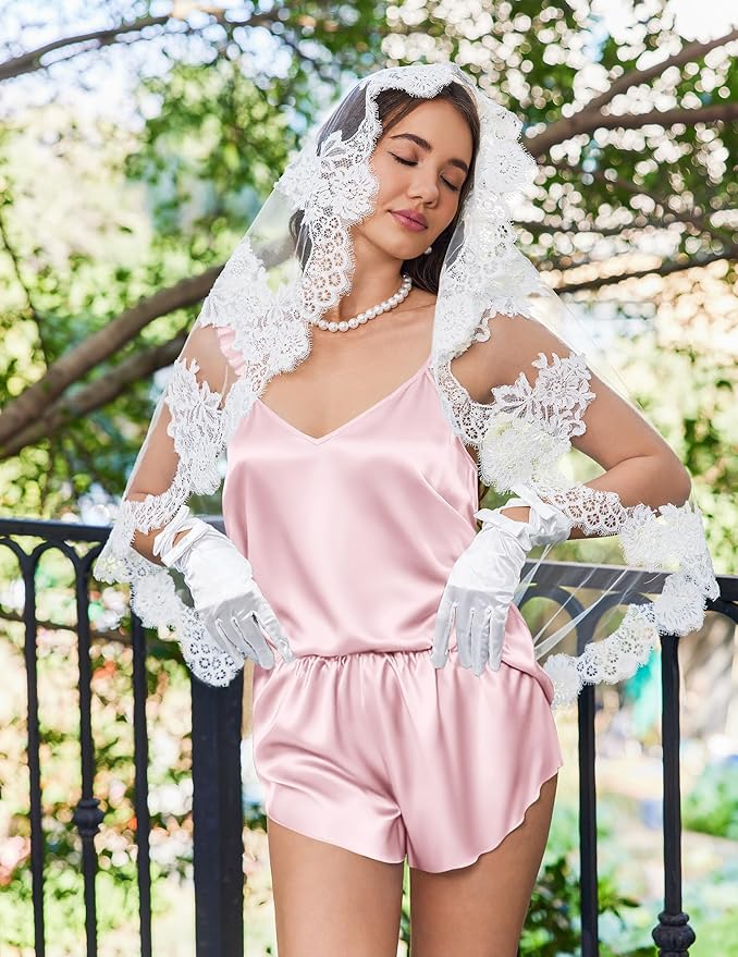 Ekouaer Satin Pajama Set for Women, Backless Silk Lingerie Pjs Back Tie-up Camisole Top and Shorts with Ruffle Sleepwear