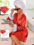 Ekouaer Women's Satin Robe Short Bridesmaid Bride Feather Bridal Robe Kimono Silky Long Sleeve Bathrobe S-XXL