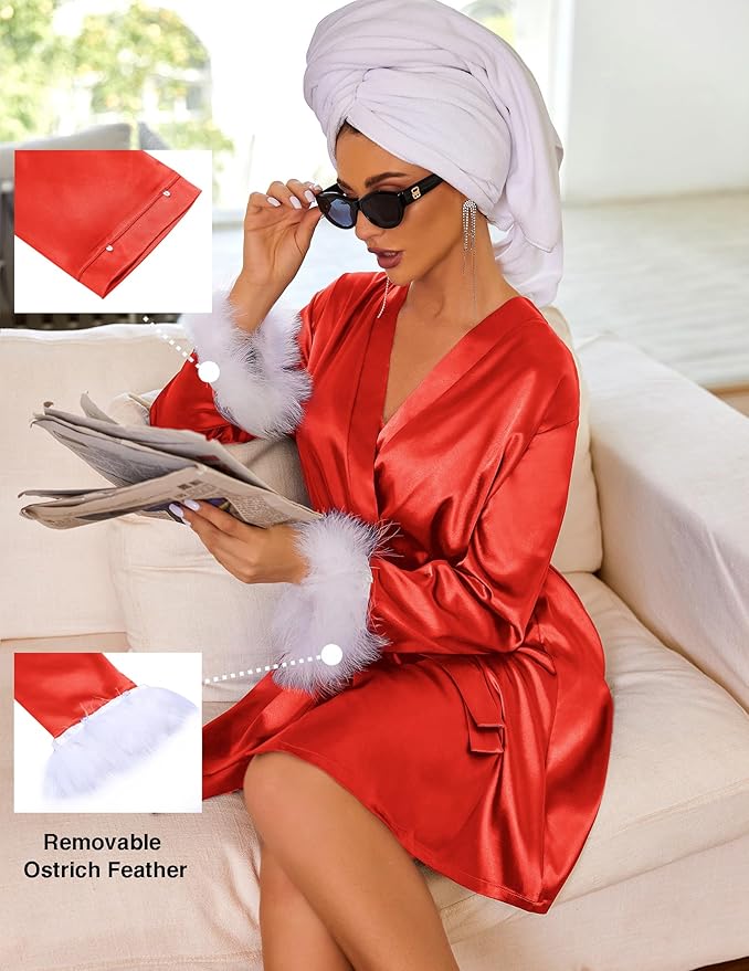 Ekouaer Women's Satin Robe Short Bridesmaid Bride Feather Bridal Robe Kimono Silky Long Sleeve Bathrobe S-XXL