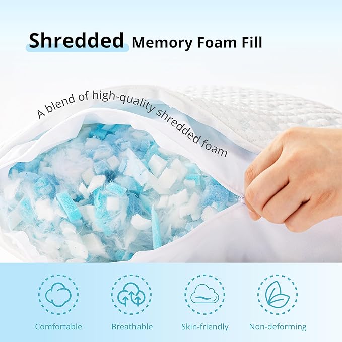 EGOHOME Cooling Shredded Memory Foam Pillows for Hot Sleepers, Adjustable Bed Pillows for Side, Back or Stomach Sleepers, Neck Pillows for Sleeping, Queen Pillow with Removable Cover(1PC)