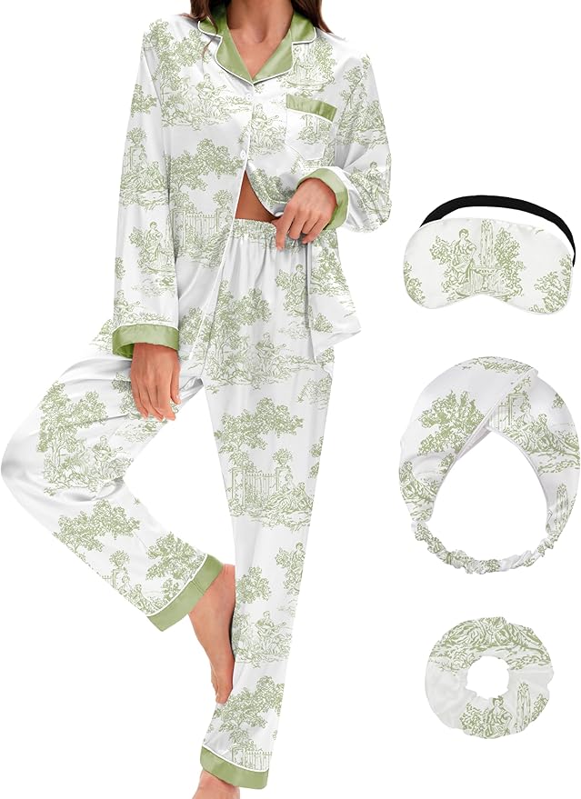 EPLAZA Silk Pajamas for Women Satin Pajamas Set 5 Pcs Long Sleeve Print Pattern Button Down Pjs Sleepwear Loungewear Set