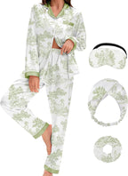 EPLAZA Silk Pajamas for Women Satin Pajamas Set 5 Pcs Long Sleeve Print Pattern Button Down Pjs Sleepwear Loungewear Set