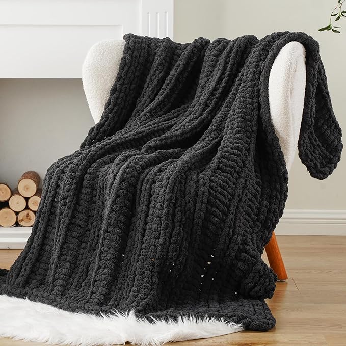 Battilo Chunky Knit Throw Blanket for Couch, Dark Grey Chenille Throw Blanket Thick Warm Cozy Soft Cable Knitted Blanket for Sofa,Bed, Living Room, 50"x60"