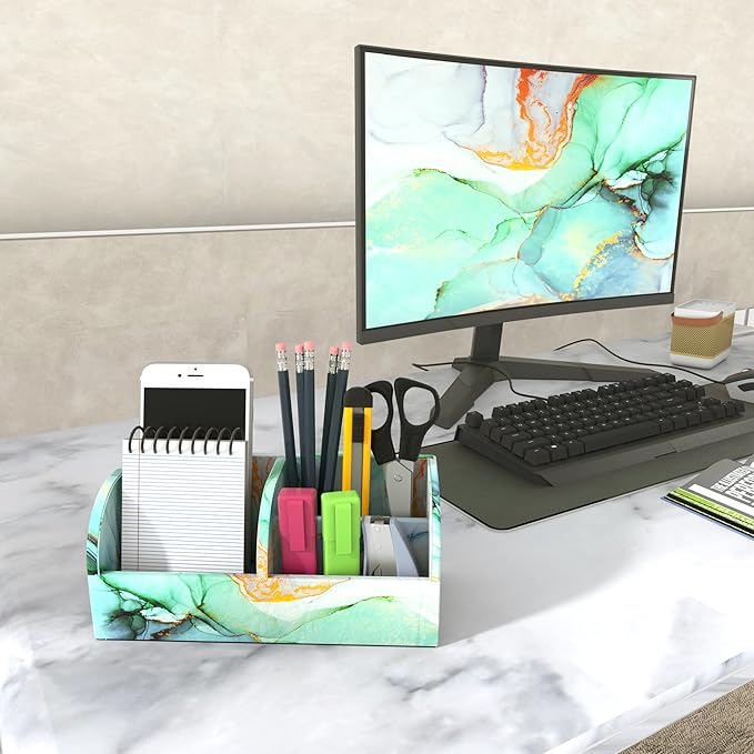 QIELIZI PU Leather Supply Organizer,Remote Control Holder Multifunctional Office Stationery Storage Box Organizer,Pencil Holders Organizers Table Top Desktop Desk Accessories(1-Splash Ink)