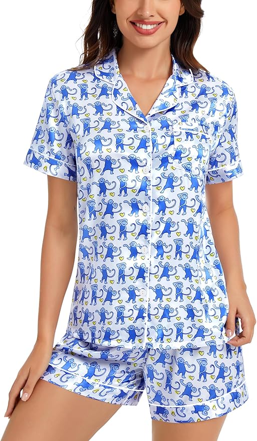 SWOMOG Womens Silk Satin Pajamas Set Short Sleeve Sleepwear Button Down Top and Shorts Loungewear 2 Piece Pjs Set XS-3XL