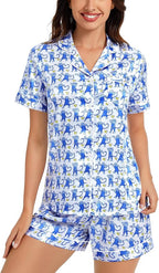SWOMOG Womens Silk Satin Pajamas Set Short Sleeve Sleepwear Button Down Top and Shorts Loungewear 2 Piece Pjs Set XS-3XL