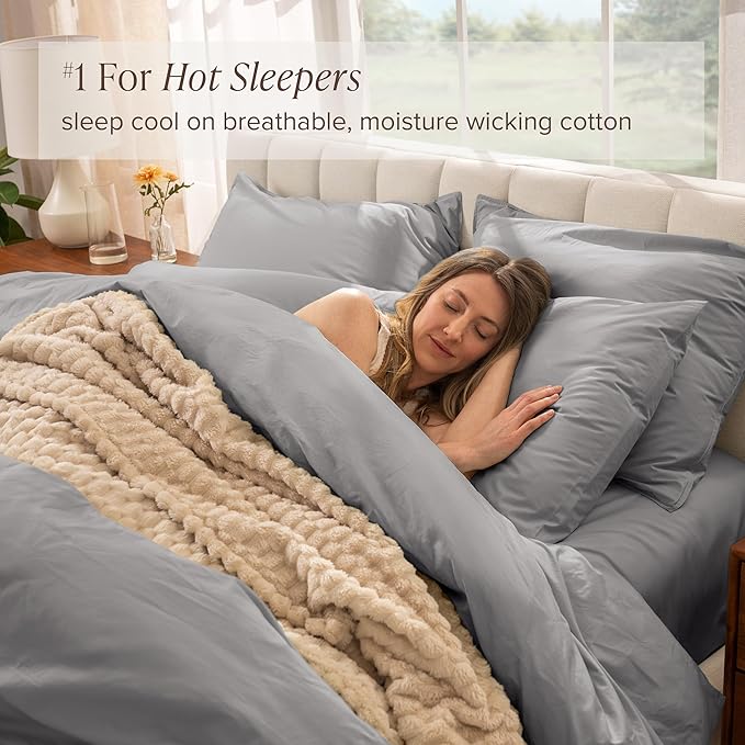 Bare Home 100% Organic Cotton Queen Duvet Cover Set - Crisp Percale Weave - Lightweight & Breathable - Cooling Duvet Cover Set (Queen, Light Grey)