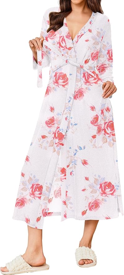 Ekouaer Women's Robe Long Waffle Knit Bathrobe Lightweight Soft Kimono Robes Loungewear S-XXL