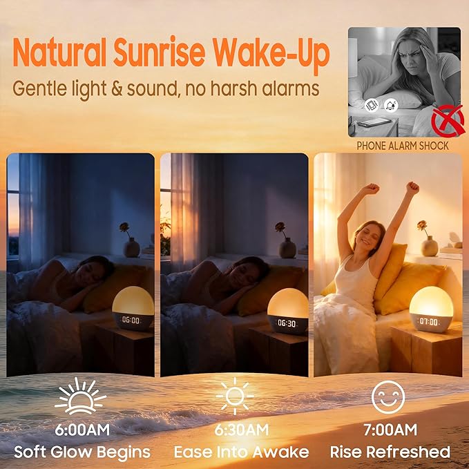 Sunrise Alarm Clock & White Noise Machine, Effective Alarm Clocks for Deep Sleepers, Bluetooth Speaker Wake Up Light, Sunset Simulation, 30 Soothing Sounds, FM Radio, USB Phone Charging Port