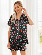 Ekouaer Womens Silk Satin Pajama Sets Soft Short Sleeve Button Down Sleepwear Top and Shorts 2 Piece Pjs Lounge Set