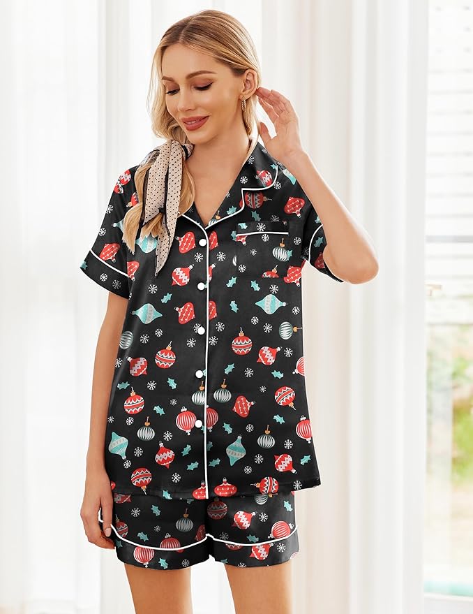 Ekouaer Womens Silk Satin Pajama Sets Soft Short Sleeve Button Down Sleepwear Top and Shorts 2 Piece Pjs Lounge Set