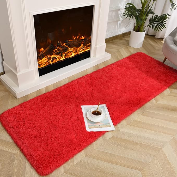 Jelymark Super Soft Shaggy Rug for Bedroom, 2x6 Feet Fluffy Carpet for Living Room, Fuzzy Indoor Plush Area Rug for Home Decor, Furry Floor Rugs for Dorm, Kids Nursery Rug for Girls, Red