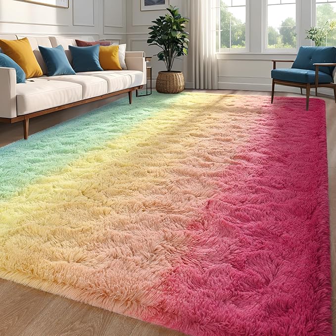 Pink-Cyan Area Rug 6x9 Large Rugs for Living Room Bedroom, Fluffy Cute Rug Modern Carpets for Kids Room, Non-Skid Rectangular Indoor Gradient Rug for Girls Boys Nursery Room Home Decor