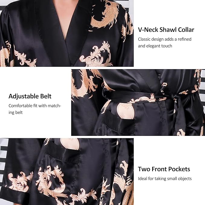 Haseil Men's Satin Robe Dragon Luxurious Silk Spa Long Sleeve House Kimono Bathrobe
