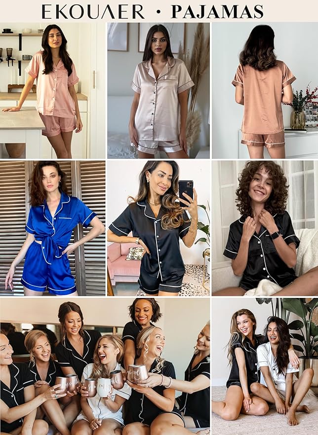 Ekouaer 2 Pack Pajama Sets for Women Silk Satin Pj Short Sleeve Button Down Sleepwear Top and Shorts Summer Lounge Set S-XXL