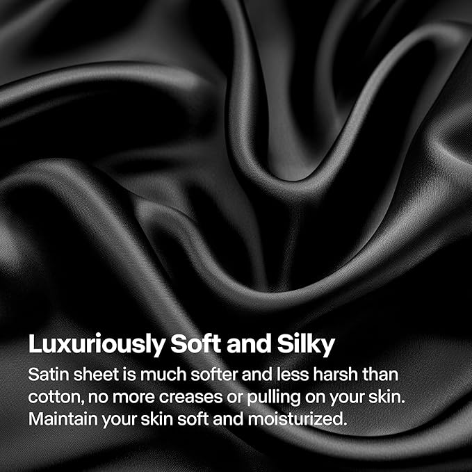 BEDELITE Satin Sheets Full Size Bed Set, Luxury Soft Black Silky Sheets for Hair and Skin, Similar to Silk Bed Sheets Set 4 Pieces with 1 Deep Pocket Fitted Sheet, 1 Flat Sheet, and 2 Pillowcases