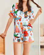 Ekouaer Womens Silk Satin Pajamas Set Animals Print Pjs Button Down Short Sleeve Lounge Set 2 Piece Sleepwear