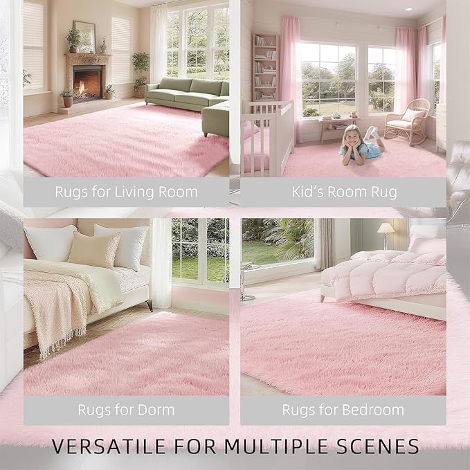 Shag 8x10 Pink Area Rug – 8x10 Rugs for Bedroom Girls, Ultra Soft Fluffy Plush Large Carpet, Shaggy Furry Rugs for Living Room, Dorm, Kids and Girls Room, Nursery, Home Office Décor