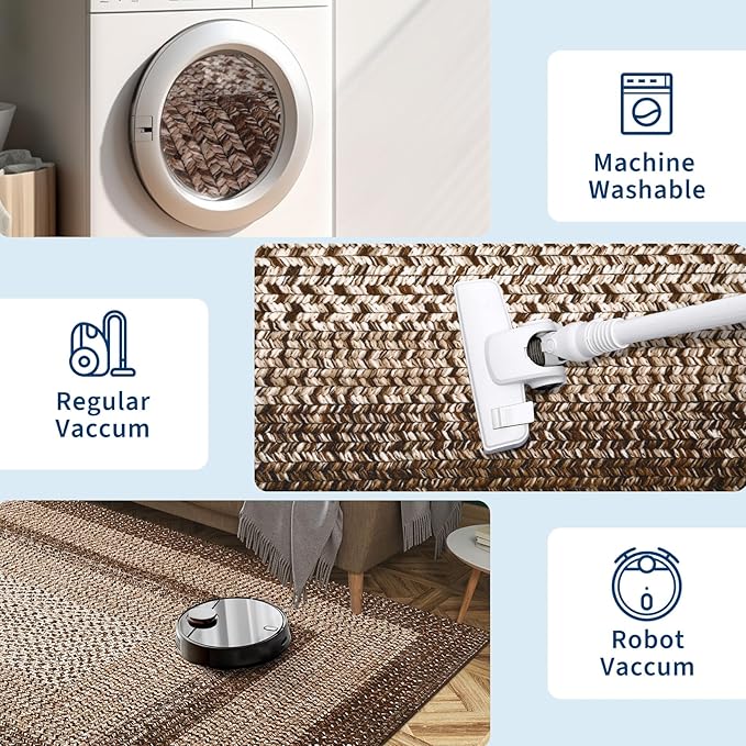 RUGSREAL Large Bedroom Rug 6x9 Machine Washable Area Rug Braided Print Boho Accent Carpet Throw Floor Cover Farmhouse Rustic Rug Geometric Bordered Braided Carpet for Living Room Home Office, Brown