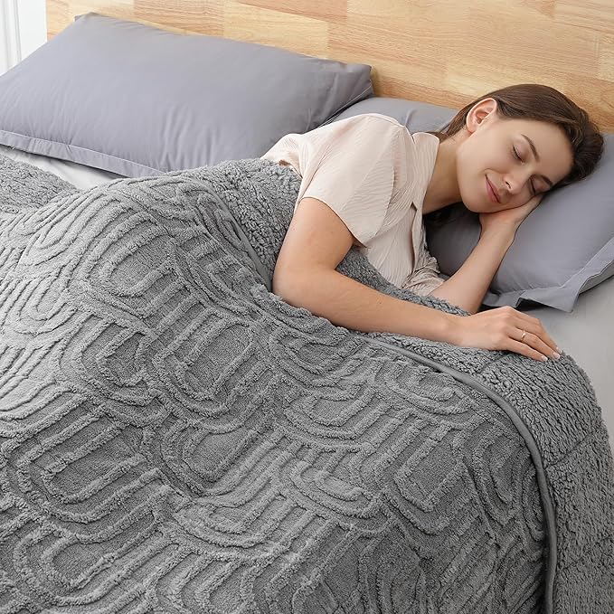 Sherpa Fleece Adult Weighted Blanket Great for Sleep, 15 lbs Dual Sided Soft Fuzzy Heavy Blankets for Couch Bed Sofa, Cozy Warm Fluffy Arched Jacquard Throw for Winter (Grey, 60" x 80", 15 Pounds)