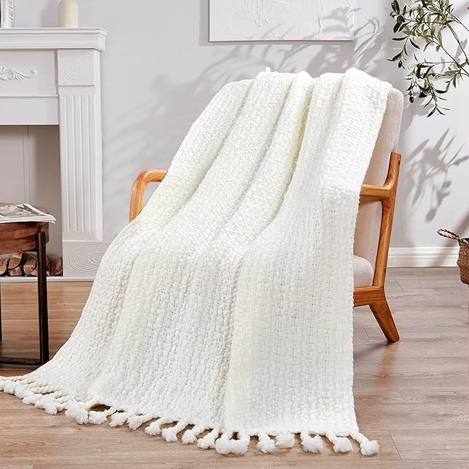 Chunky Knit Throw Blanket with Braided Tassels 50" x 60", Hand Knitted Soft Thick Yarn Basket Weave Boho Farmhouse Blanket, Plush Fluffy Tassel Decor Throw for Couch Bed Sofa, Cream