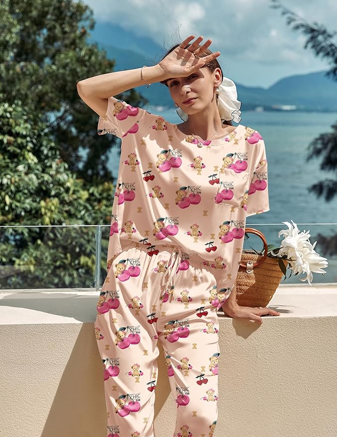 Ekouaer Womens Satin Silky Pajama Set Short Sleeve Shirt with Long Pajama Pant Set Soft PJ Loungewear
