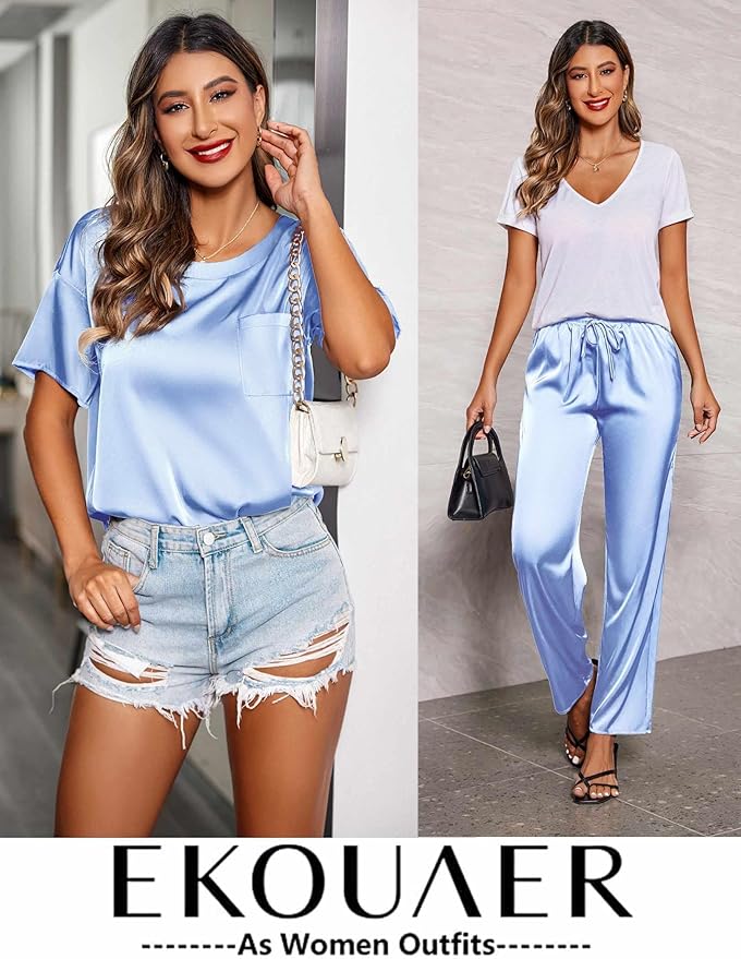 Ekouaer Womens Satin Silky Pajama Set Short Sleeve Shirt with Long Pajama Pant Set Soft PJ Loungewear