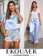 Ekouaer Womens Satin Silky Pajama Set Short Sleeve Shirt with Long Pajama Pant Set Soft PJ Loungewear