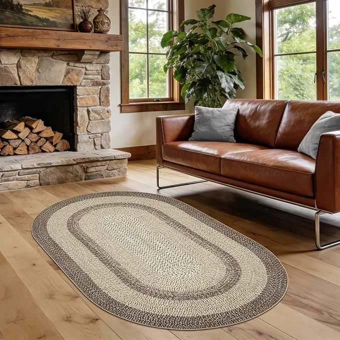 5x8 Oval Living Room Area Rug Washable Modern Border Bedroom Bedside Area Rugs Non Slip Low Pile Dining Room Oval Throw Carpet Contemporary Rugs for Living Room Kitchen Nursery, Camel